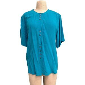 Vintage Voila Teal Silk Blouse Womens Size 40 With Button Front and Short Sleeve